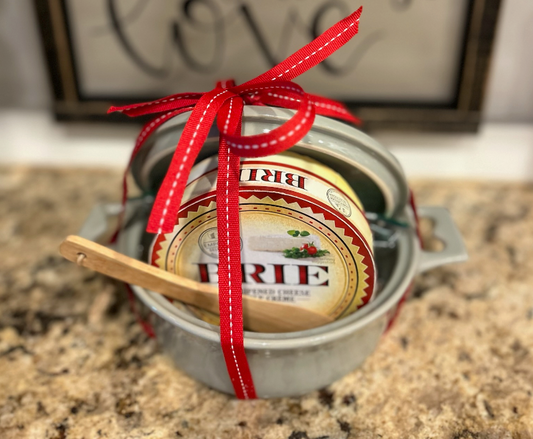 Galentine's: Brie Mine crock with Brie, toppings, instructions and crackers